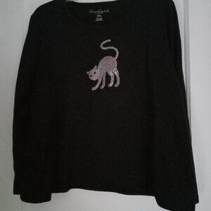 Gloria Vanderbilt Black long sleeve top with silver sequin cat size XXL